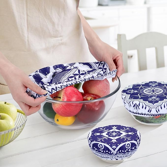 5 Pieces Bowl Covers Reusable, 5 Size Elastic Cloth Bowl Covers for Bread Proofing Food Covers Washable for Food Fruits Leftover (Blue Floral) - Image 3