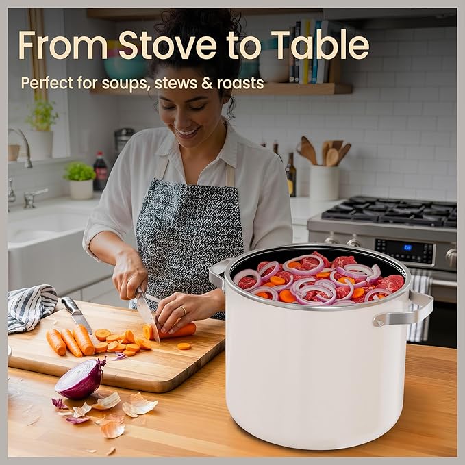 Bakken 12.5 Quart Ceramic Coated Stock Pot with Lid, Easy Clean Nonstick Pot, Tempered Glass Lid, Riveted Stainless Steel Handles, Oven Safe Up To 500°F, PTFE & PFAS Free, All Stove Compatible, Cream - Image 5
