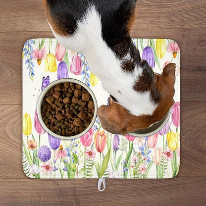 Spring Floral Dish Drying Mat for Kitchen Counter Easter Tulip Lavender Flower Microfiber Dish Drainer Mat Rustic Farmhouse Absorbent Washable Drying Pad 16"x18"