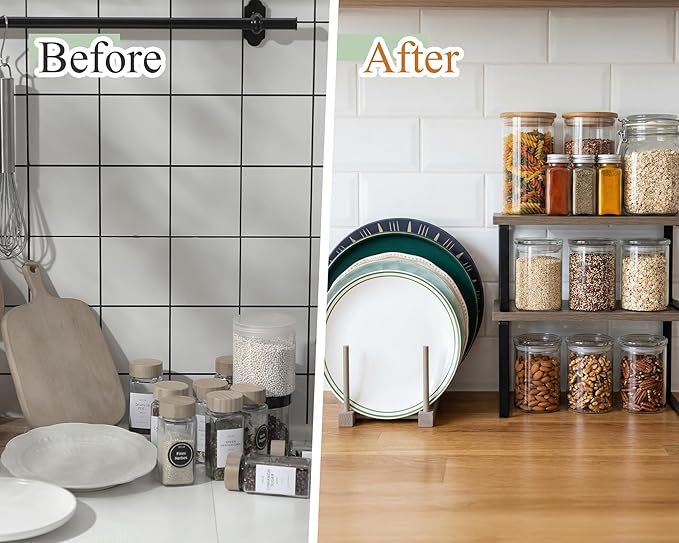 Marsui 4 Pcs Kitchen Organizer Accessories Set Cabinet Organizer Shelf and Bamboo Dish Drying Plate Rack Counter Shelves Storage Holder for Spice Rack, Dish, Pot Lid, Bowl, Cup (Gray) - Image 3
