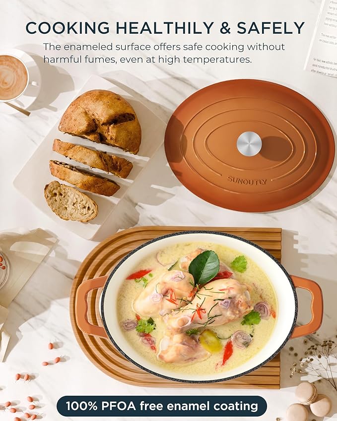 Enameled Cast Iron Dutch Oven - 9.3QT Dutch Oven Pot with Lid & Cotton Potholders - Heavy-Duty Non Stick Casserole Pot for Braising, Stews, Roasting, Baking, Suitable for All Stovetops, Vibrant Orange - Image 3