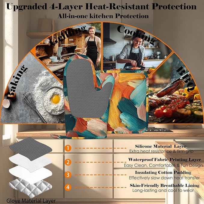 Abstract Oil Painting Heat-Resistant Oven Mitts and Pot Holder Kitchen Non-Slip Silicone Cooking Microwave Gloves for Cooking Baking Grilling BBQ