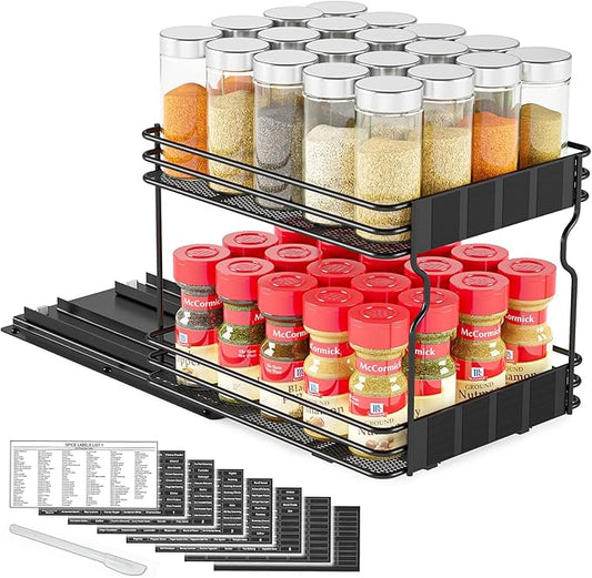SpaceAid Pull Out Spice Rack Organizer for Cabinet, Heavy Duty Slide Out Seasoning Kitchen Organizer, Cabinet Organizer, with Labels, 8.5" W x10.75 D x8.5 H, 1 Drawer 2-Tier by SpaceAid