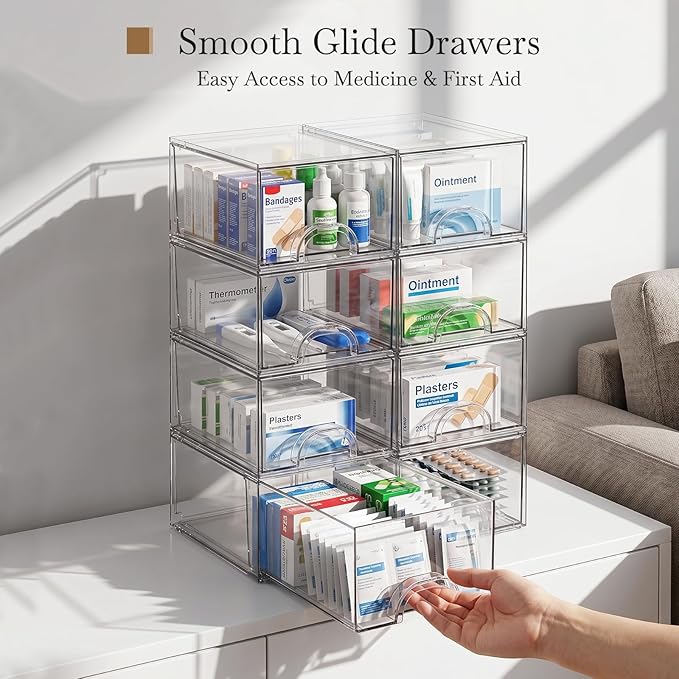 8 Pack Small Clear Stackable Acrylic Storage Boxes Storage Drawers, Storage Organizer, Clear Plastic Makeup Organizer, Ideal for Vanity, Cabinet, Desk Organization - Image 4