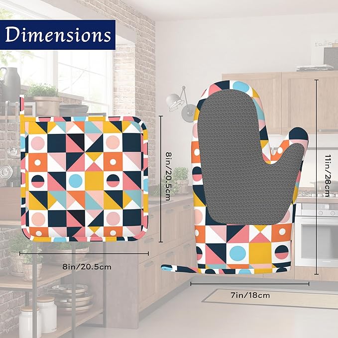 Oven Mitts and Pot Holders Sets Abstract Geometric Silicone Kitchen Mits Potholders Colorful Modern Art Heat Resistant 4Pcs Oven Gloves Hot Pads for Baking Cooking BBQ Grilling Home Decor