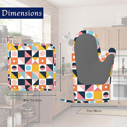Oven Mitts and Pot Holders Sets Abstract Geometric Silicone Kitchen Mits Potholders Colorful Modern Art Heat Resistant 4Pcs Oven Gloves Hot Pads for Baking Cooking BBQ Grilling Home Decor