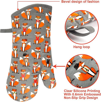 Oven Mitts Gloves 1 Pair Heat Resistant 480 ℉ Non Slip Clear Silicone Printed Fox Comfortable Cotton Lining Kitchen Women Men Cooking Baking Barbecue Machine Washable (Fox, Gray Mittens)