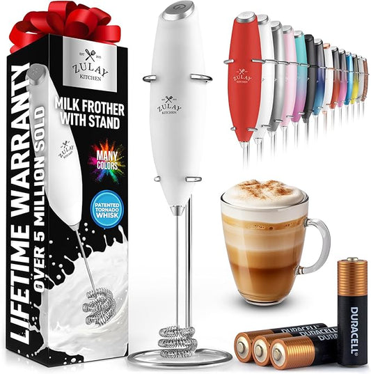 Zulay Kitchen Patented Tornado Triple Whisk Milk Frother with 4 Duracell Batteries – Handheld Foam Maker for Coffee, Lattes, Matcha & Hot Chocolate – Rich, Creamy Froth in Seconds - Blizzard White by ZulayKitchen