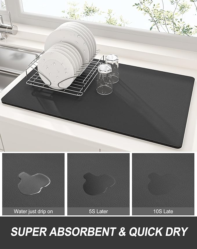 Rnivvi Dish Drying Mat for Kitchen Counter, XL 15 x 24" Super Absorbent Drainer Pad Easy Clean Dish Rack Pad, Non-Slip Heat Resistant Coffee Bar Mats for Coffee Machine Station Accessories Decor, Gray - Image 3