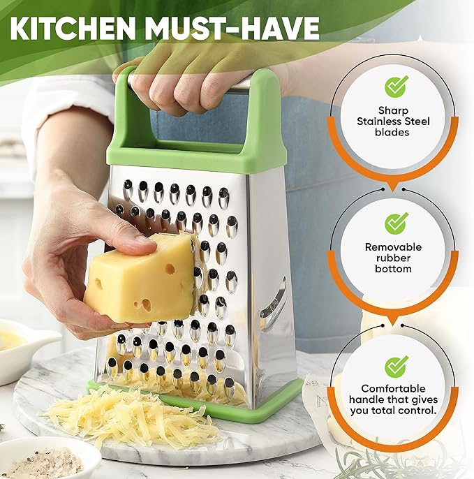 Spring Chef Green Professional Stainless Steel XL Parmesan Cheese Grater with Handle - 4 Sided Box Grater for Kitchen - Dishwasher Safe Food Shredder for Carrot, Potato, Vegetables, Ginger, Hash Brown - Image 3