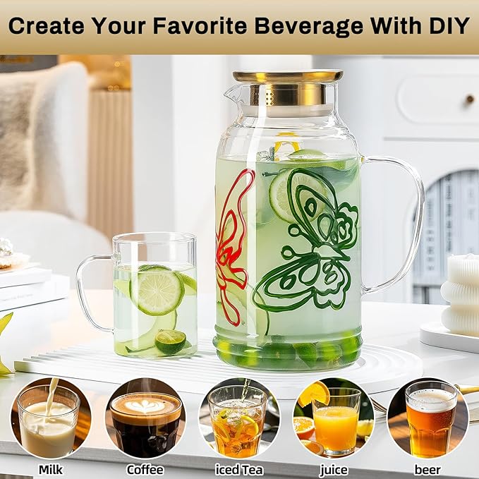 Buaic Glass Pitcher with Lid and Handle,2 PACK 68 oz/2 Liter Vintage Hand Painted Butterfly Design Fridge Water Pitcher, Borosilicate Glass Water Carafe for Hot/Cold Water Iced Sun Tea,Heat Resistant - Image 4