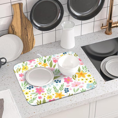 Spring Dish Drying Mat for Kitchen Counter Cute Floral Summer Holiday Microfiber Absorbent Dish Draining Reusable Washable Foldable 16"x18" - Image 6