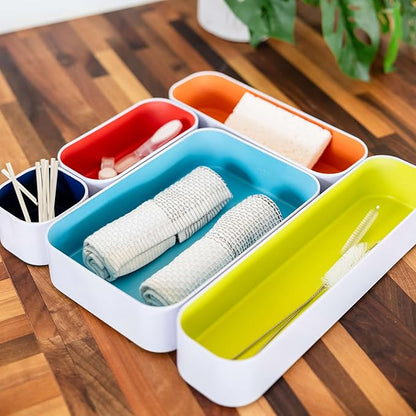 Three by Three Seattle 5 Piece Metal Organizer Tray Set for Storing Makeup, Stationery, Utensils, and More in Office Desk, Kitchen and Bathroom Drawers (2 Inch, Assorted Colors) - Image 8