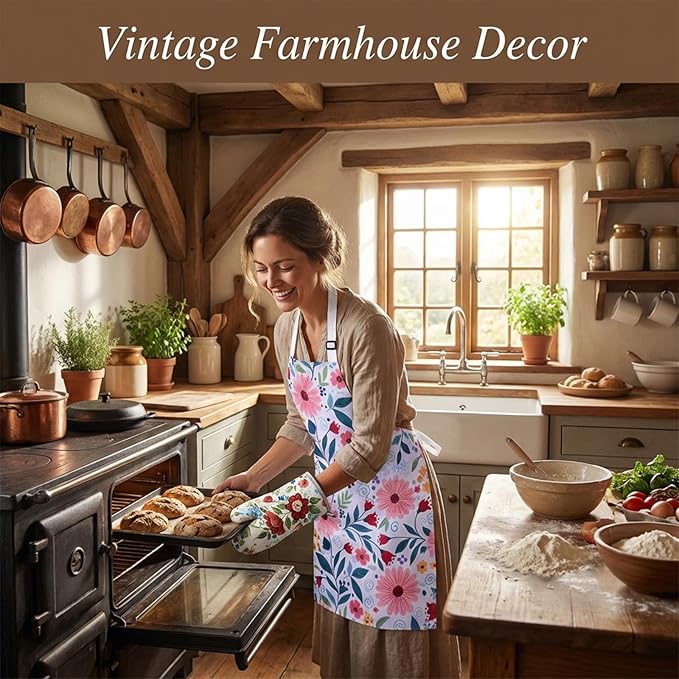 Floral Apron and Oven Mitt Set 3 Piece, Heat Resistant Kitchen Mittens and Pot Holders, Vintage Farmhouse Kitchen Decor Accessories, Cute Cooking Baking Gifts for Women Mom.
