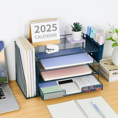 OPNICE Desk Organizer, 4-Tier Desktop File Organizer with Drawer and 2 Pen Holders, Office Desk Accessories, File Sorters, Workspace Organizers for Office Supplies(Dark Blue)