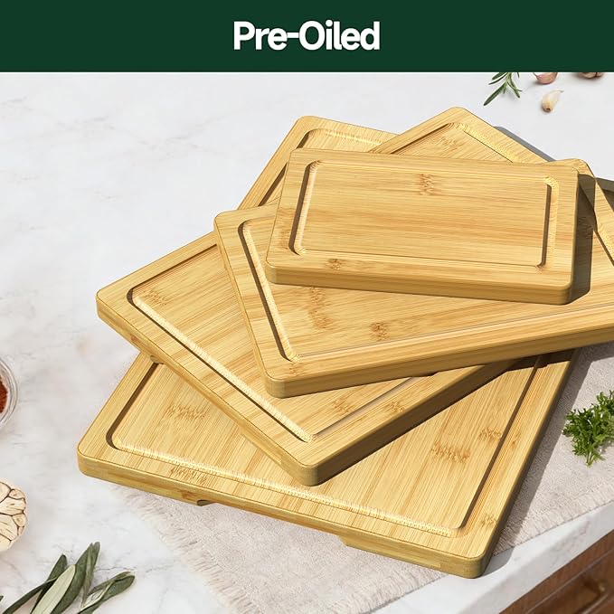 4-Piece Set Bamboo Cutting Board for Kitchen - Crack-Resistant Wood Chopping Boards with Deep Juice Grooves, Pre-Oiled Butcher Block for Meat, Vegetables & Cheese, Natural - Image 6