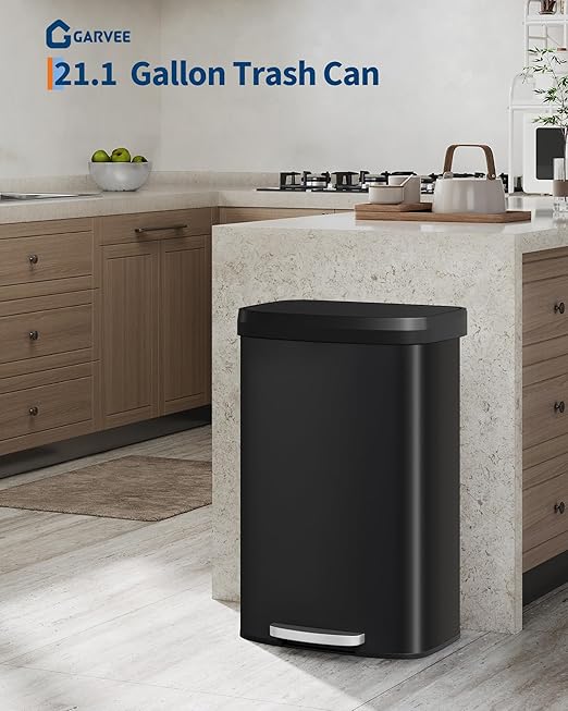 Garvee 21 gal / 80 L Metal Trash Can with Lid, Large Garbage Can for Kitchen, Rustproof Step-on Kitchen Metal Trash Bin with Liner Rim, Rear Handle, Soft Close Plastic Lid, Black - Image 2