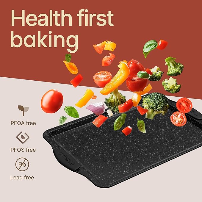 BAKKEN Cookie Sheets for Baking Nonstick Set - 3-Piece Stackable Carbon Steel Baking Sheet Pans Set with Silicone Handles, Non Toxic Cookie Sheets for Baking Bakeware Set - Gray Marble - Image 7