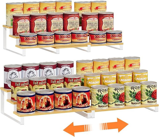 Expandable Can Organizer for Pantry, 3-Tier Adjustable Bamboo & Iron Can Rack for Cabinets, Easy Access Food Storage Shelf for Canned Goods, Soda & Soup Cans, Holds Up to 30 Cans (Patent Pending)
