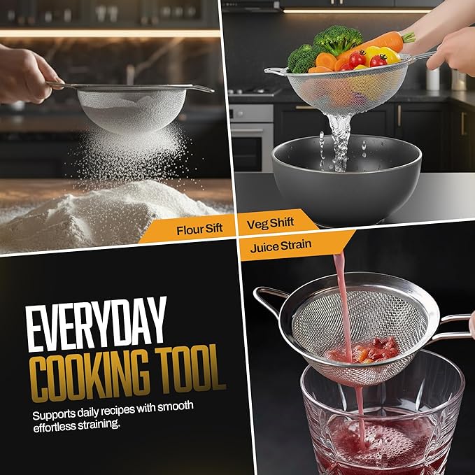 ELEEN Premium Stainless Steel Fine Mesh Strainers for Kitchen 3-Piece Set with Non-Slip Handle, Small, Medium & Large Sieves, Colanders and Sifter for Sifting, Straining, Pastas Tea, Rice Vegetables - Image 4