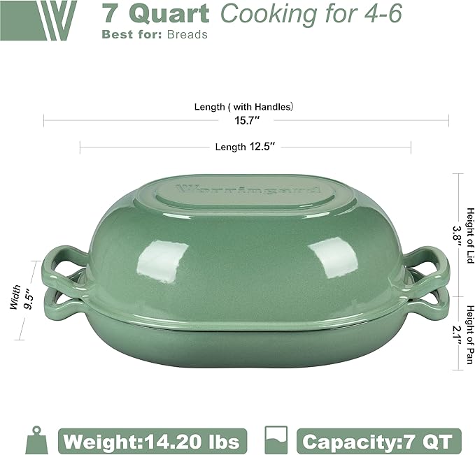 VORRINGARD Enameled Cast Iron Sourdough Bread Oven, Dutch Oven, Loaf Cast Iron Bread Pan for Homemade Bread Baking, Meatloaf Pan with Lid, 7QT, Sage Green - Image 2