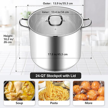 Stainless Steel Stock Pot, Homikit 24 Quart Large Stockpot Soup Pot with Lid, Tri-ply Bottom Cookware for Induction Gas Various Stovetops, Seafood Sauce Canning Cooking Pot for Large Group and Events - Image 2