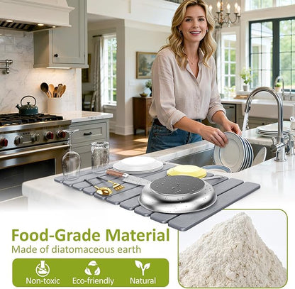 Large Stone Dish Drying Mat for Kitchen Counter, 24"(L)×16"(W), Collapsible Quick Dry Stone Dish Mats, Super Absorbent Diatomaceous Earth Drying Pad for Dishes Bottles Cups, Countertops (Light Grey) - Image 4