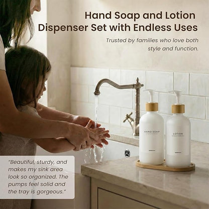 MaisoNovo Glass Soap Dispenser Bathroom Set of 2-16.9 oz Bathroom Soap Dispenser Set - White Glass Bottles x 2 with White Bamboo Pumps & Tray