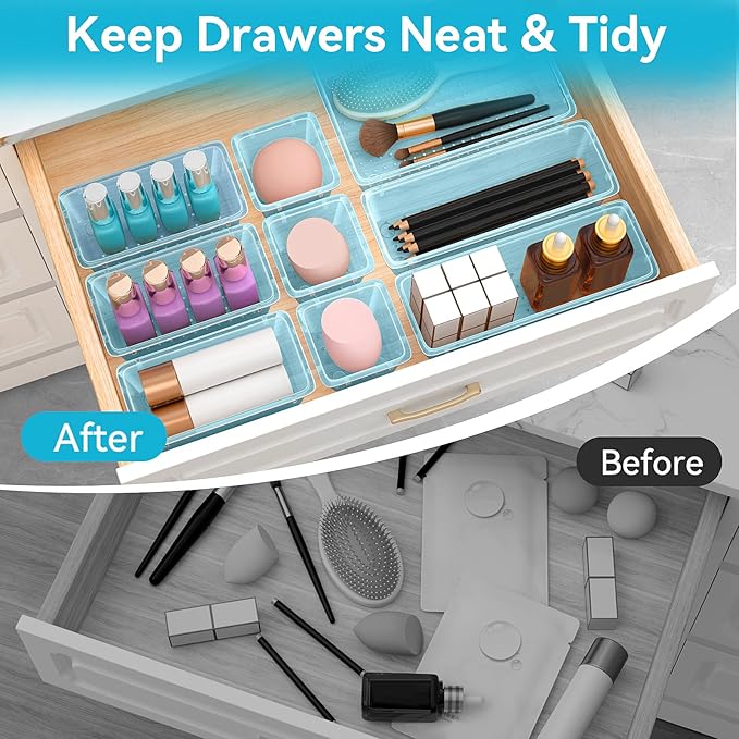 ElegantArray 12-Piece Drawer Organizer Set, 4 Sizes Versatile Plastic Vanity Organizer for Makeup, Stationery, Gadgets, in Kitchen, Bathroom, Office, and Bedroom, Sea Blue - Image 5