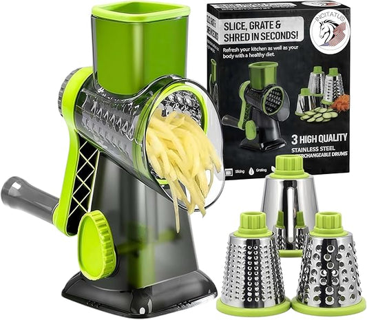 INCITATUS - Cheese Grater Hand Crank - Rotary Cheese Shredder - 3 Interchangeable Stainless Steel Blades & Strong Suction Base - Parmesan Vegetable Grater - Manual Kitchen Vegetable Slicer