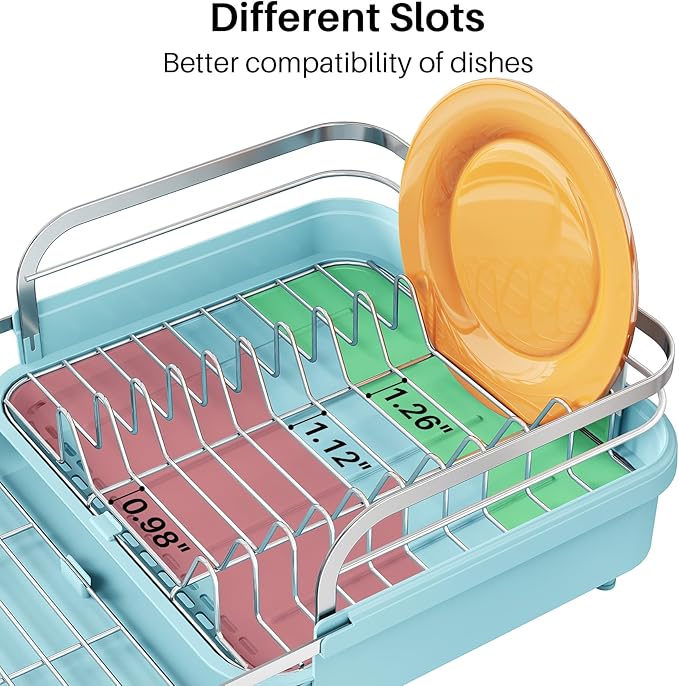 SNTD Dish Drying Rack, Expandable Dish Rack for Kitchen Counter, Stainless Steel Dish Drainer with Drainboard Set and Utensil Holder (Blue) - Image 6
