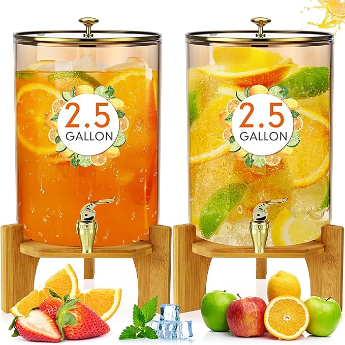 Honeydak 2 Pack 2.5 Gallon Each Amber Glass Drink Dispensers with Spigot, Gold Accent, Beverage Dispensers with Stand for Lemonade Juice Water Iced Tea Cocktails