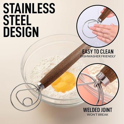 Zulay Kitchen 13 Inch Danish Dough Whisk - Large Wooden Danish Whisk For Dough With Stainless Steel Ring - Traditional Dutch Whisk Baking Tool For Bread, Batter, Cake, Pastry (Ashwood) - Image 7