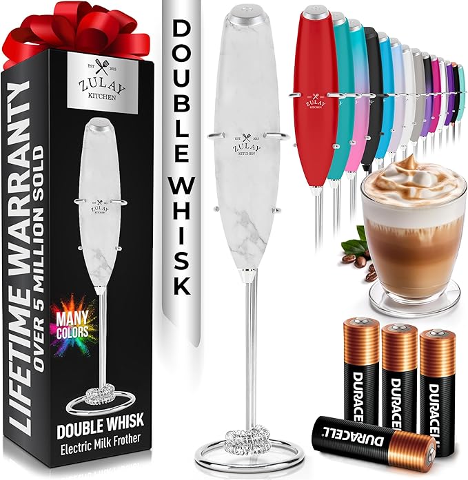 Zulay Kitchen Whisk Milk Frother with 4 Duracell Batteries - Powerful Handheld Foam Maker for Coffee, Lattes, Matcha, Hot Chocolate & Cappuccinos - Whip Creamy Froth in Seconds by ZulayKitchen