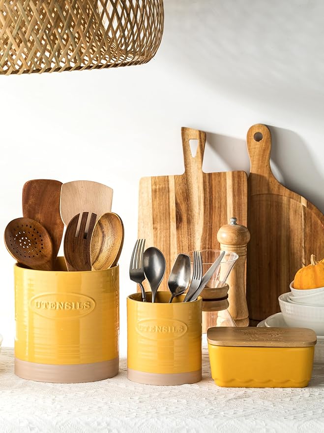 YHOSSEUN Kitchen Utensil Holder Set of 2, Ceramic Utensil Holder for Kitchen Counter, 6.7"+5.1" Cooking Utensil Crocks for Spatula, Oval Opening, Yellow - Image 8