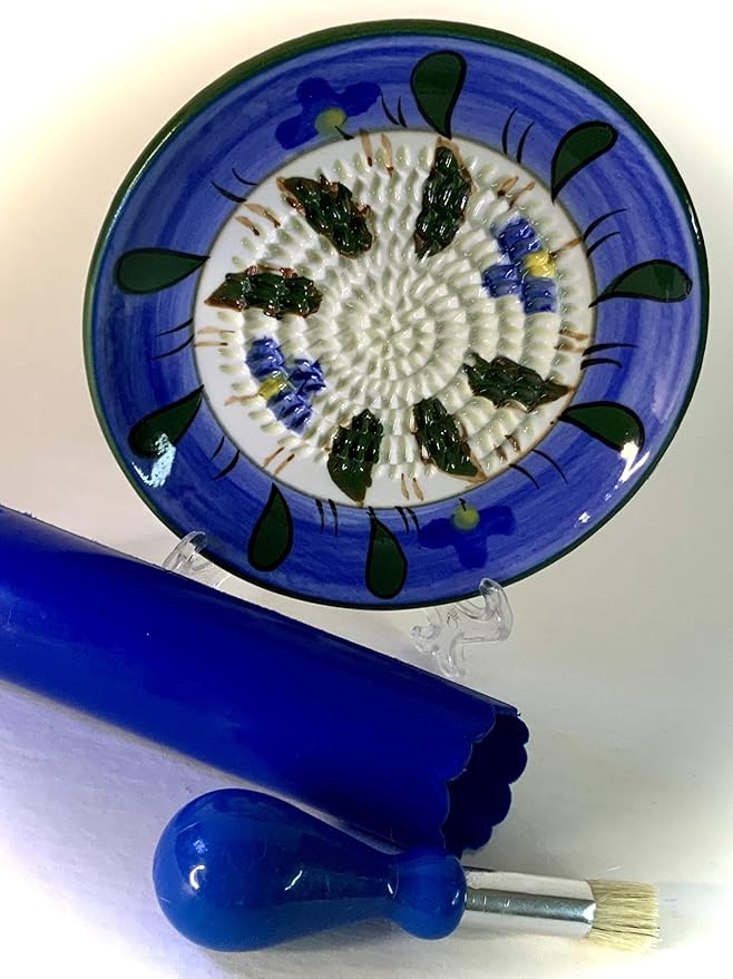 BonCera, All-in-one Premium Ceramic Garlic Grater Plate 4-Piece Set - Blue Flower Design, Classic Style - For Garlic, Ginger, Chocolate, and more! - Comes with 5.25" Plate, Peeler, Brush, and Stand