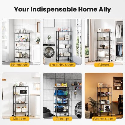 DUMOS 4-Tier Metal Wire Storage Shelves, Adjustable Standing Storage Rack Shelf with Wheels, Heavy Duty Steel Shelving Unit Organizers for Kitchen Bathroom Pantry Garage, 23.2"W×13.4"D×47.1"H, Black