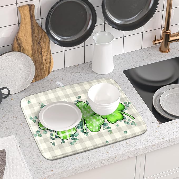 Giwawa Patrick Dish Drying Mat for Kitchen Green Clovers Grey Buffalo Plaids Dish Drainer Mats 16x18inch Spring Leaf Dish Drying Rack Pad Protector for Countertop Dining Holiday Decor