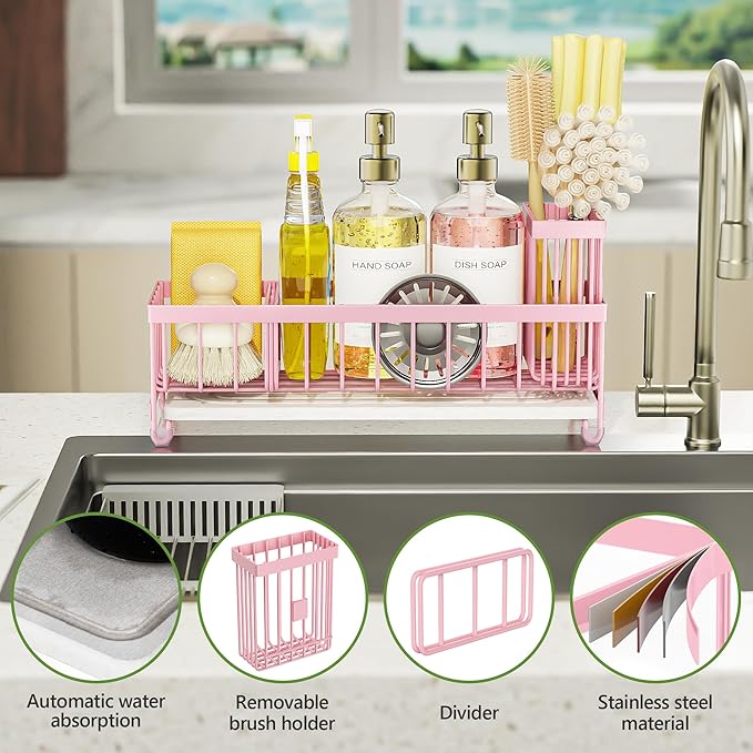 Cisily Extra Large Sink Caddy Organizer with Drying Stone, Pink Sponge Holder for Kitchen, Dish Brush Holder for Countertop, Kitchen Decor Storage and Essentials - Image 3