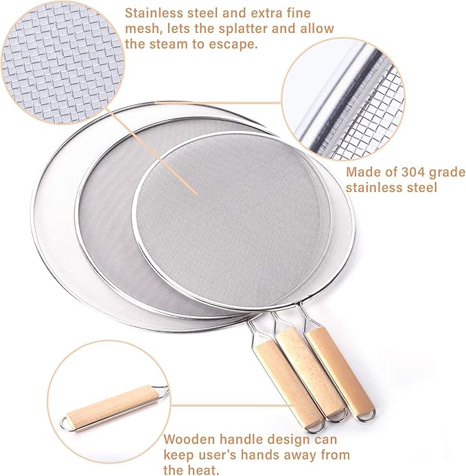 3 Pieces Grease Splatter Screen for Frying Pan, Splatter Guard Mesh Stainless Steel Grease Guard Shield for Kitchen Frying Pan Cooking Supplies Set of 9.44", 10.8" and 12.5" inch (Wood Handle) - Image 3