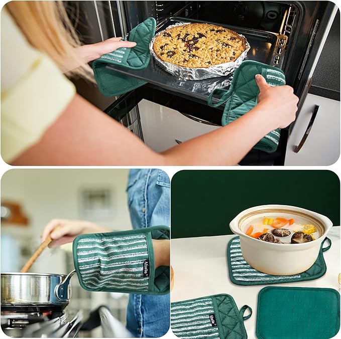 Alselo Silicone Pot Holders Set of 3 Heat Resistant & Non Slip Potholders, Professional Oven Hot Pads with Pockets Mitts for Kitchen Cooking Baking Barbecue (Emerald Green, 3) - Image 4