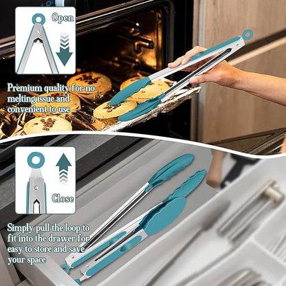 TeamFar Kitchen Tongs, 9" and 12" Stainless Steel Cooking Tongs with Silicone Tips for Cooking Grilling Serving & BBQ, Heat Resistant Silicone Tongs, Locking Design & Dishwasher Safe, Set of 2 & Blue - Image 6