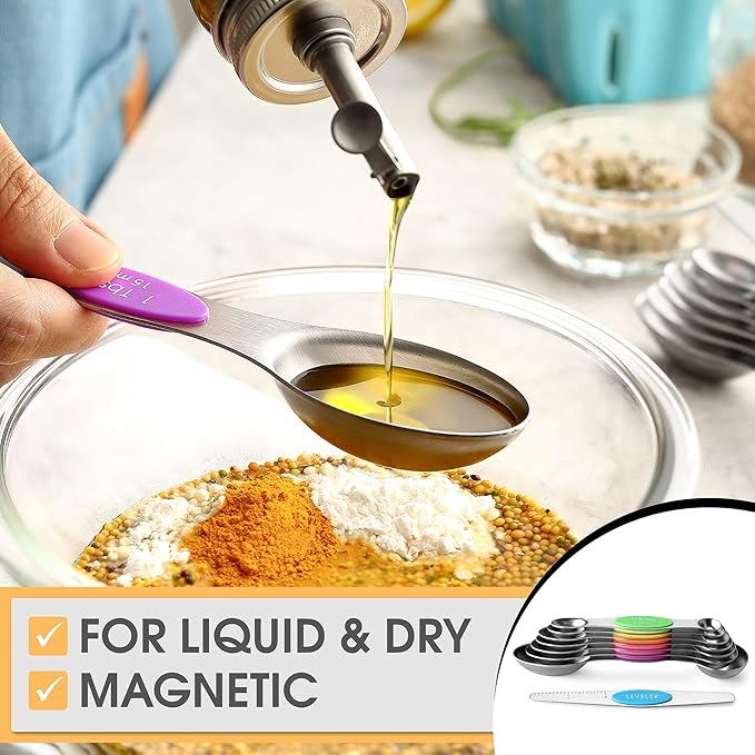 Spring Chef Stainless Steel Magnetic Measuring Spoons Set of 8 with Leveler, Nesting Metal Teaspoon & Tablespoon Measuring Spoons, Kitchen Gadgets for Baking & Cooking, Fits in Most Spice Jars - Neon - Image 4