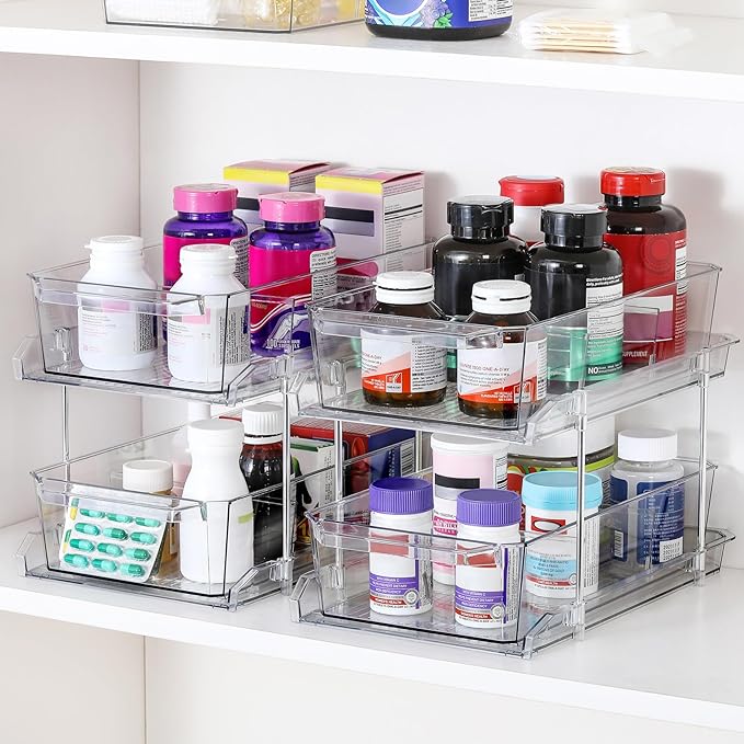 2 Tier Clear Organizer with Dividers for Cabinet, Shlef, Counter - MultiUse Slide-Out Storage Container - Kitchen, Pantry, Medicine Cupboard Bins, Bathroom, Vanity Makeup, Under Sink Organizing - Image 4