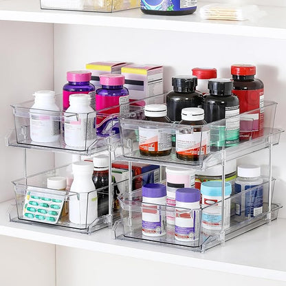 2 Tier Clear Organizer with Dividers for Cabinet, Shlef, Counter - MultiUse Slide-Out Storage Container - Kitchen, Pantry, Medicine Cupboard Bins, Bathroom, Vanity Makeup, Under Sink Organizing - Image 4