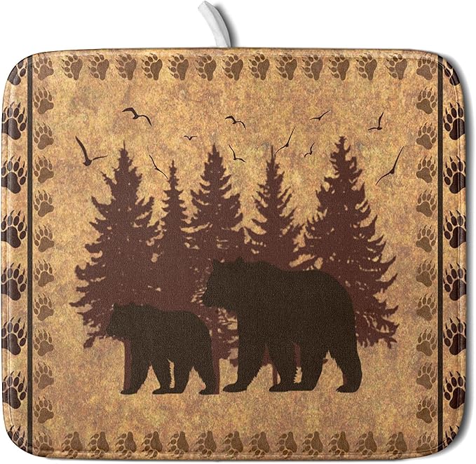 Giwawa 16"x18" Brown Bear Dish Drying Mat Rustic Forest Wildlife Woodland Dish Drainer Mats for Kitchen Countertop Farmhouse Animal Paw Print Fast Dry Microfiber Dish Drying Pad Decoration