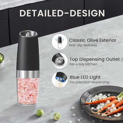 Battery Operated Salt And Pepper Grinder with LED Light, Automatic Electric Gravity Salt And Pepper Shakers, Each 6 AAA Batteries Needed, Adjustable Roughness, 1 Pack (Black) - Image 5
