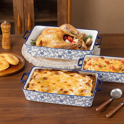 Ceramic Bakeware Set - Casserole Dish Baking Dishes for Oven - Rectangular Lasagna Pans with Handles for Kitchen Cooking - Microwave & Dishwasher Safe - Set of 3 (15.1''/13.6''/9.9'') - Blue - Image 4