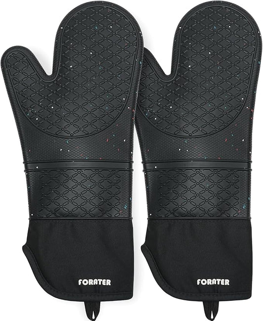 Extra Long Silicone Oven Mitts - Heat Resistant up to 500°F, 15'' Waterproof and Non-Slip Oven Gloves with Soft Quilted Liner - Perfect for BBQ, Cooking, Baking, and Grilling - 1 Pair, Black