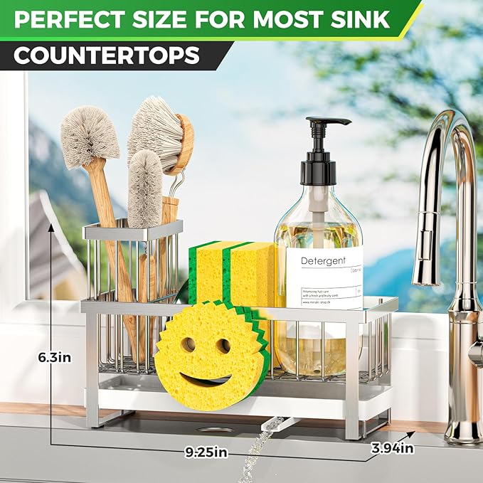 Sponge Holder for Kitchen Sink,Sink Caddy with Removable Dish Brush Holder,Self-Draining Kitchen Countertop Organizers and Storage Essentials,Soap Dispenser Organize and Home Decor-Silver - Image 2